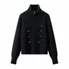 Cardigan de punto vintage con botones y doble cremallera, chaqueta suéter de cuello alto estilo perezoso de corte holgado con cuello alto en stock