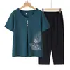 Conjunto de atuendo de verano para la abuela, top de manga corta para personas mayores, ropa para mujeres de mediana edad y mayores, camiseta para mamá, conjunto de dos piezas de camisa y pantalones