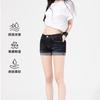 Shorts de mezclilla sexys de cintura baja americanos para mujer 2025 Verano Nuevo Ajustados Enrollados Elásticos Línea A Pantalones cortos Hot de pierna envuelta