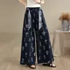 Pantalones de pierna ancha de algodón y lino de seda helada estampados de disparo real para mujer, estilo fino de verano 2026, nuevos, con cordones, holgados, casuales, de nueve puntos