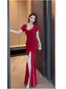 Design Francês Nicho Retrô Vestido Longo Verão Novo Slim Fit High-End Estilo Puro Desejo Vestido de Gola V