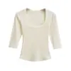 2566-Camiseta de Moda Cuadrada de Manga Media Estilo Europeo y Americano para Mujer 2025 Nuevo Top Básico Sexy Ajustado