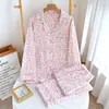 Pijama de gasa de doble capa de algodón puro para mujer, nuevo conjunto de ropa para el hogar de algodón 100% con estampado de leopardo estilo coreano, manga larga y pantalón largo para primavera y otoño