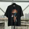 Camiseta de Manga Corta Holgada para Parejas de Ancianos Lavada Pesada con Estampado de Retratos Hip Hop Rap Estilo Americano Vintage Tendencia