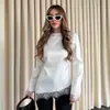 Top de Punto Cruzado con Cuello Redondo y Encaje Patchwork para Mujer Moda Verano 2026 Color Sólido Satín Manga Larga Camiseta con Sentido de Diseño