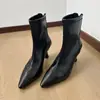 Combina bem com um casaco~Botas femininas curtas elásticas de bico fino francês, botas de salto alto fino, botas de cano curto elegantes