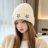 Gorro de lana bordado con estrella para mujer, circunferencia de cabeza grande, adelgazante, cálido gorro de punto de invierno, venta al por mayor