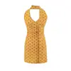 Vestido Corto de Verano Nuevo Estilo Retro Francés de Resort con Lunares, Cuello Halter en V, Cintura Ceñida, Plisado, Corte Ajustado, Estilo Hot Girl