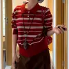 Camisa Polo de Punto Rayas Rojas para Mujer Manga Larga Otoño Temprano 2025 Nuevo Diseño Estilo Coreano Top Tejido