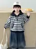 2146 Conjunto de Sudadera con Capucha para Niños 2026 Otoño Nuevo Estilo Coreano Moda Rayas Top y Jeans Conjunto de Dos Piezas