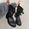 Edición Lancui ~ Botines vaqueros cortos con hebilla retro, botas western de tacón grueso, botines de tobillo de moto para mujer, puntera redonda, adelgazantes