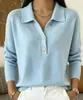 Suéter de Punto para Mujer Otoño 2026 Estilo Nuevo, Cuello Polo, Corte Holgado, Color Sólido, Cuello Solapa de Dos Botones, Versátil para el Trabajo, Manga Larga