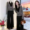 Suéter de Punto con Cuello Halter en V Falso de Dos Piezas Estilo Francés para Mujer, Moda Primavera y Otoño, Favorecedor para Figuras Ligeramente Robustas, Adelgazante, Rejuvenecedor, Top Suéter Versátil
