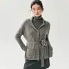 Suéter de Caxemira Moda Gola Meia Aberta Engrossada Cardigã Feminino Cintura Marcada Manga Longa Malha Canelada Peça de Vestir com Cinto Suéter Feminino