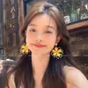 ¡Tentador Solsticio de Verano~Pendientes de Flor Amarilla de Gasa! Pendientes Cuadrados de Cristal Estilo Festivo Super Hada Plata