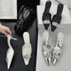 Mules elegantes de tacón alto para mujer 2026, estilo francés, punta cuadrada fina, adelgazantes y adornados con pedrería