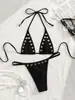 2026 nuevo ins nicho francés europeo y americano sexy anillo de metal deseo puro cuello halter chica retro traje de baño bikini