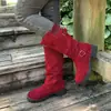 Novas botas femininas de outono até o meio da panturrilha com fivela de cinto e acabamento em lã, estilo europeu e americano, tamanho grande, fivela, camurça, botas de montaria finas