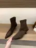 Sapatos de Salto Fino de Salto Alto, Botas Finas com Bico Fino e Estampa de Leopardo, Botas Curtas, Botas Femininas, Outono e Inverno 2025 Botas de Cano Curto Marrom Camurça Estilo Francês