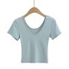 Fs447-24 Primavera Novo Estilo Europeu e Americano Estilo Blogueira Ins Macio Cera Ombro Direito Gola V Manga Curta Slim Camiseta Básica