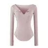 Estilo Ligeramente Maduro Elegante Cuello en V con Dobladillo Manga Larga Top Otoño/Invierno Capa Base Dobladillo Curvo Camiseta Base Adelgazante