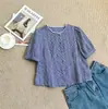 Camisa de Verano de Moda Holgada, Camisa Azul de Cuadros Finos de Manga Corta Adelgazante, Estilo Juvenil, Mangas Abullonadas, Versátil