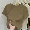Camiseta elegante de manga corta 100% algodón para mujer, nuevo top versátil de corte ajustado con cuello redondo en blanco para primavera/verano