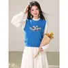 Colete Tricô Bordado com Flor Azul para Mulheres, Outono/Inverno, Solto, Versátil, Estilo Coreano, Top Cardigan sem Mangas