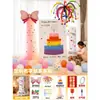 Decoración de primer cumpleaños con notas adhesivas de colores, pastel, tablero KT, globos para niños y niñas, accesorios para fotos de escena de hotel, pared de fondo