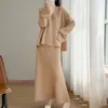 Vestido formal vermelho de lã pura com padrões florais de crochê, estilo chinês, de manga comprida, conjunto de 1,3 kg para mulheres, saia feita à mão para outono e inverno