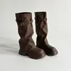 Estilo Retrô Absolutamente Lindas Botas de Plataforma Impermeáveis para Motociclista Femininas 2026 Outono Meio da Panturrilha Solado Grosso Aumentam a Altura Emagrecem Franzidas Moda Botas