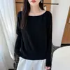 Suéter de estilo francés sin hombros 100% lana pura para mujer, de manga larga, adelgazante, de corte holgado, con mangas anchas, tejido de punto para capa base, suéter cálido