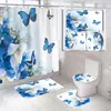 Nuevo juego de alfombrilla de baño y cortina de ducha de franela estampada con mariposas y flores, un accesorio de baño de cuatro piezas para uso doméstico, diseñado para la decoración del baño y la prevención de moho.