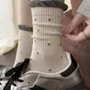 Meias Grossas de Algodão Puro para Outono e Inverno, Meias até a Panturrilha para Mulheres, Meias Largas de Renda com Bolinhas Estilo Japonês, Meias Longas de Inverno