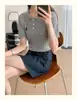 Tejido de Punto para Mujer con Cuello Polo para Primavera y Verano con Bordado de Pony, Camiseta Ajustada de Manga Corta, Camiseta Base, Top Retorcido Retro
