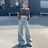 Calça jeans Tencel Lyocell cintura alta perna larga primavera 2025 azul claro solta com bainha pequena e estreita