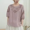 Camisa de Algodón y Lino con Bordado Pesado Vintage para Mujer, Nuevo Estilo Verano 2025, Ligera, Corte Amplio, Adelgazante, Elegante Top Jersey de Cuello Redondo