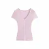 Suuuicee Zhi Xi Eonni Tricô com Renda Ponto Duplo Alternado Pura Desejo Slim Fit Manga Curta Camiseta de Tricô
