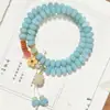 Pulsera Bodhi Azul Aqua de Gama Alta, Nuevo Estilo Chino, Pulsera Fresca y Sencilla de Doble Círculo, Abalorios Budistas para Rezar para Mujer, Venta al por Mayor