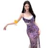 Vestido estilo francês leve e maduro, roxo, estilo sling, feminino, verão, cintura justa, emagrecimento, quadril, rabo de peixe, vestido de renda para férias
