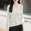 Suéter de punto de manga larga para mujer con patrón de espina de pescado, estilo francés, para principios de otoño, cuello en V, elegante, adelgazante, versátil, base texturizada, suéter fino