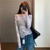 Elegante camiseta básica de manga larga, cuello redondo, corte slim, elástica, con estampado tie-dye de tinta 3D estilo chino, textura de sarga de alta torsión.