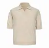 Camiseta tipo Polo de Punto de Mezcla de Lana Suave y Ligera, Cuello en V, Manga Corta, Corte Holgado y Corto, Cuello Ancho, Estilo Old Money de Alta Calidad