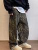 Calças Jeans Americanas de Rua para Homens, Marca Trendy de Nicho Soltas e Versáteis para Primavera e Outono, Calças Retas de Perna Larga com Estampa de Leopardo Bonita
