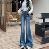 Calça Feminina Jeans Azul Micro La Cintura Alta Nova Tendência de Moda Primavera 2025 Slim Flare