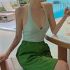 Traje de baño a cuadros con escote en V profundo, sin espalda, para mujer, estilo diosa de Corea del Sur, ajustado, sexy
