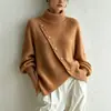 Tejido casual europeo y americano, cuello alto, cierre de botones diagonales, estilo jersey, suéter de corte holgado, color liso, top de manga larga, ropa de mujer transfronteriza