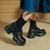 Botines Gruesos de Camelia para Mujer, Botas Estrechas de Tacón Grueso, Nuevos Botines de Calcetín Elástico Tejidos con Retazos de Punta Redonda para Otoño/Invierno