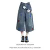 Pantalones Vaqueros Cortos Bordados Estilo Retro Divertido Americano para Mujer, Verano Vintage Lavados Sueltos Rectos Casuales Versátiles