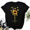 Camiseta Casual Kawaii para Mujer Maycar con Estampado de Girasol y Mariposa Ropa Casual Cómoda para Mujer Negro